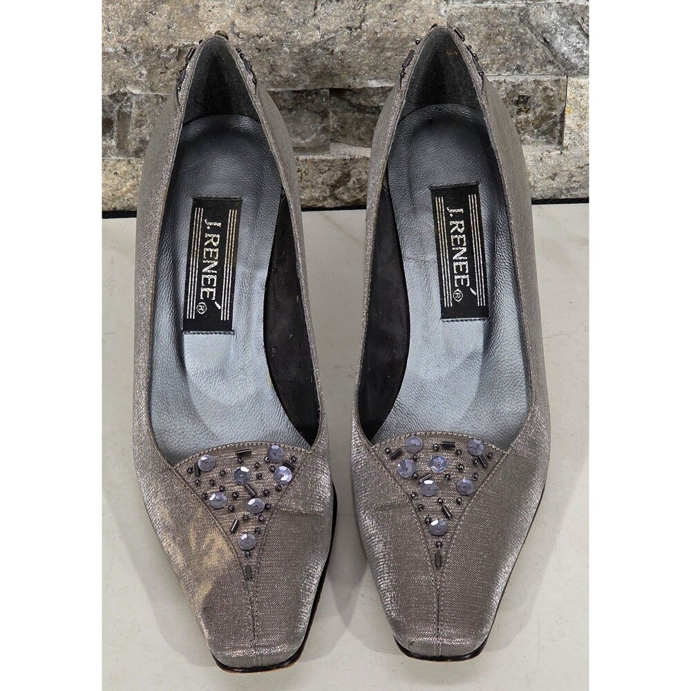 VTG J. Renee Beaded Metallic Pumps 6.5 M Pewter Lame Snip Toe Heels Whimsigoth